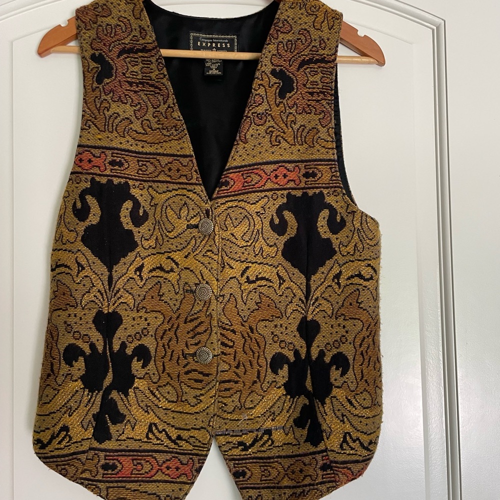 Express Compagnie Internationale Vintage Gold & Black Jacquard Tapestry Vest S